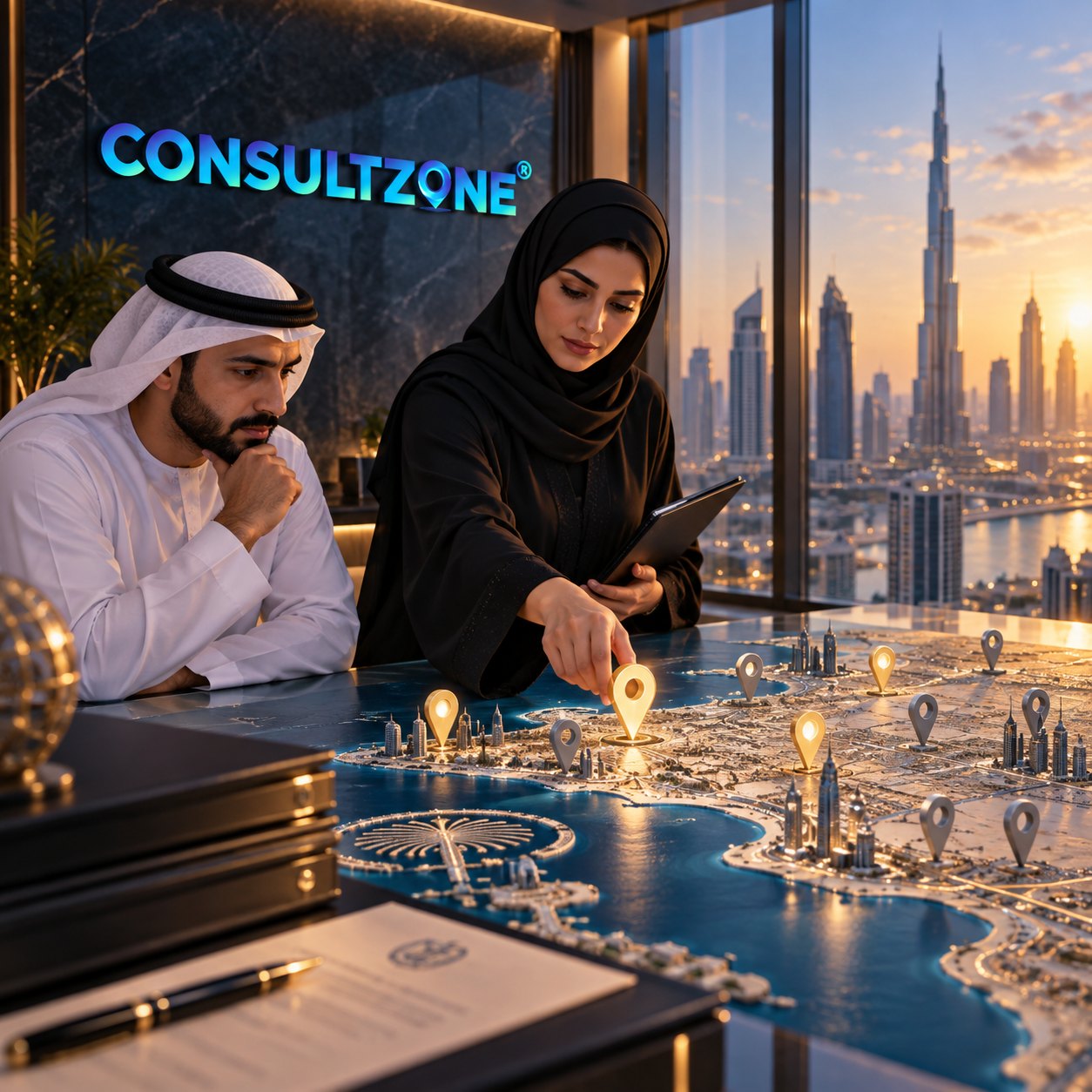 Woman holding a tablet touches one of several lit pins on an illuminated coastal city model