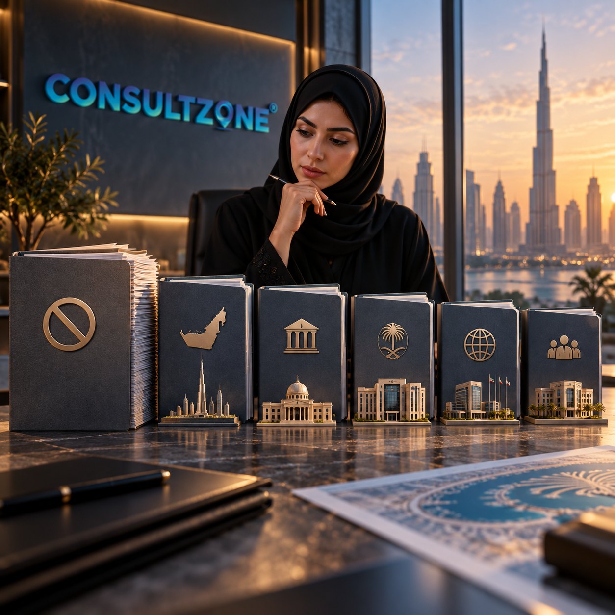 Woman in a hijab seated behind a row of icon-embossed binders with small building models ranged in front