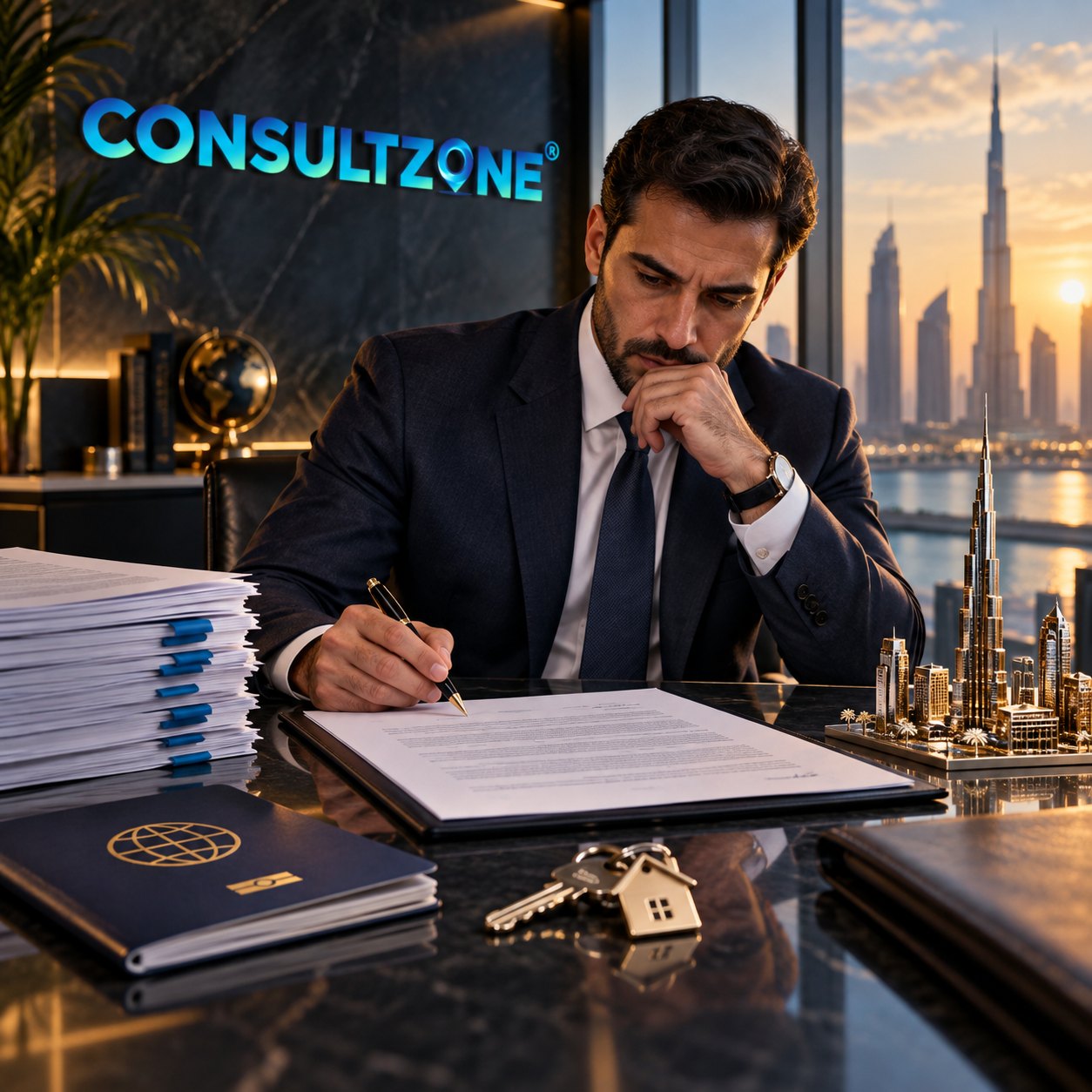Man in a dark suit signs a document with a gold pen, passport and house keys on the desk