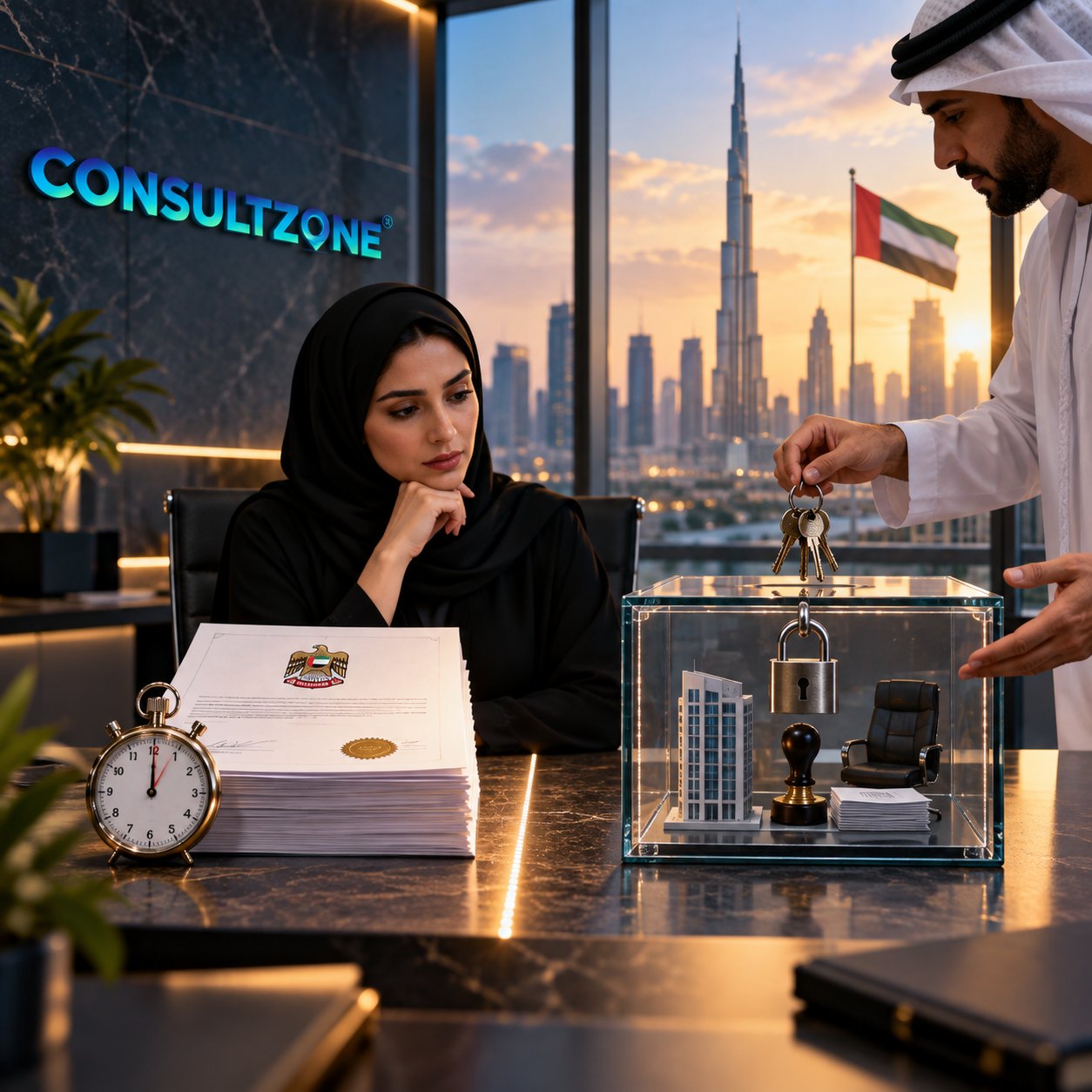 Man in a kandura lowers keys into a clear box holding a padlock and tower model, woman watching