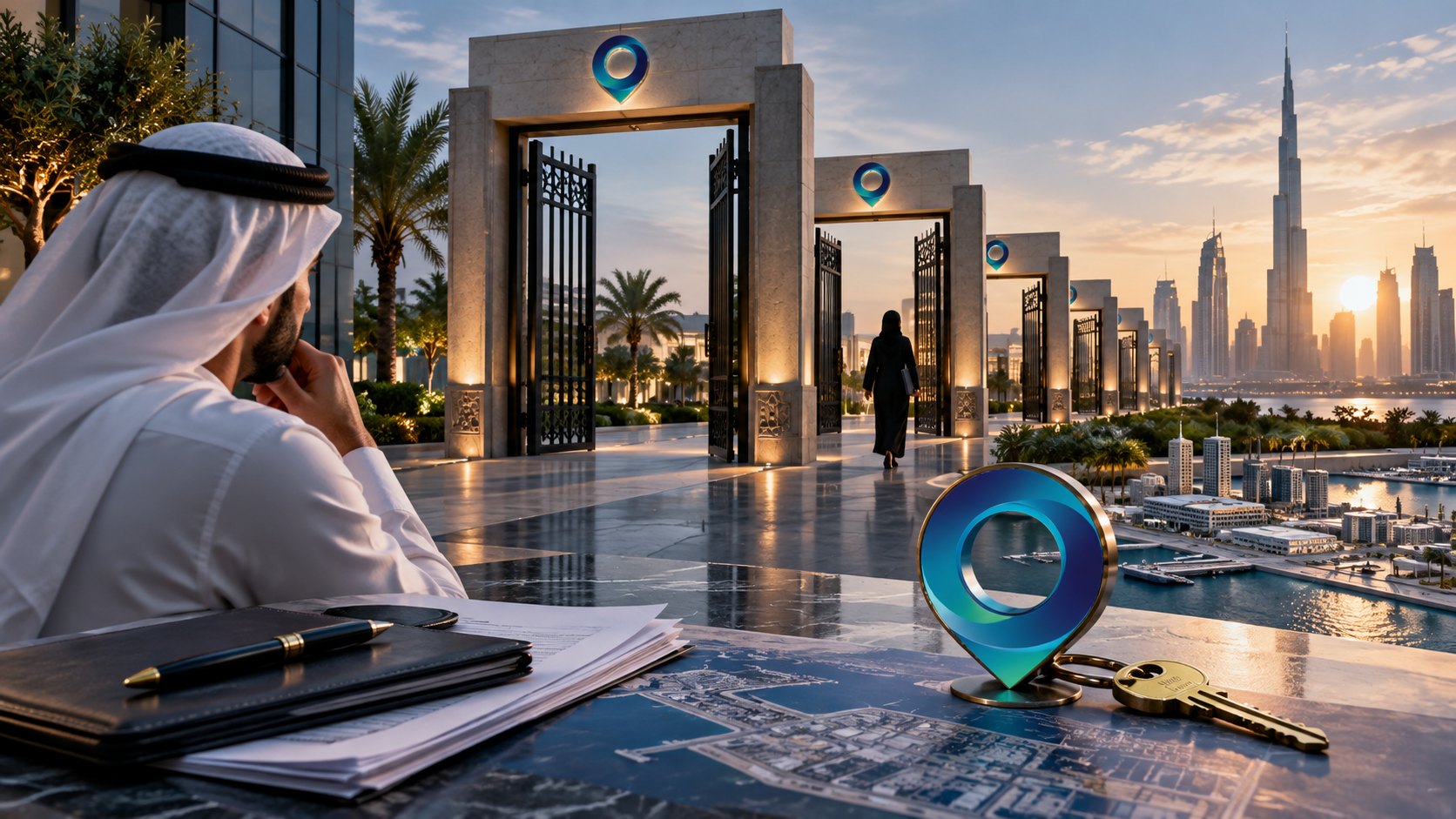 Glowing pin and gold key on a table before three stone gateways, a figure walking through the nearest
