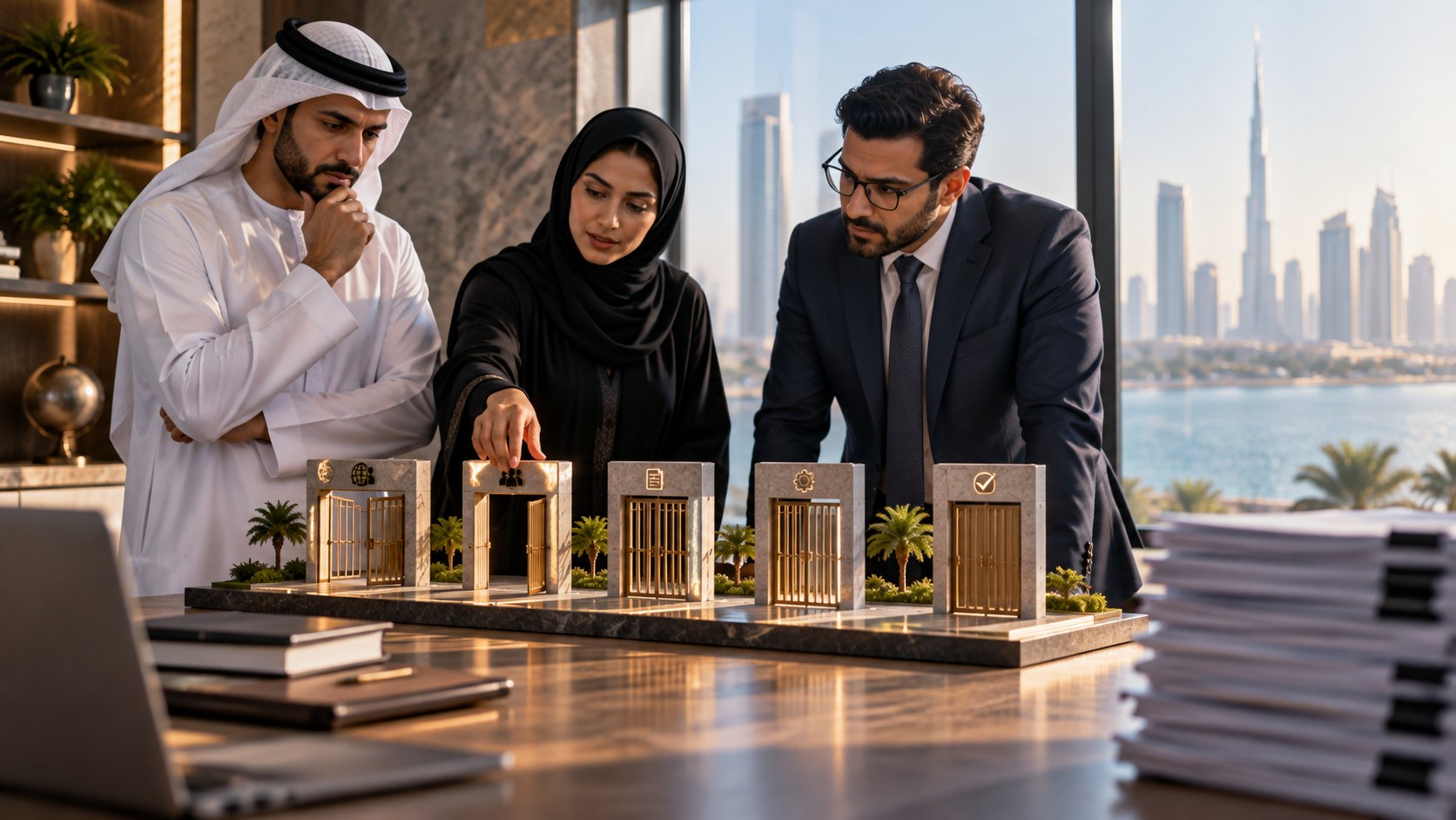 Three colleagues stand over four lit building models on a table, one reaching to touch the nearest