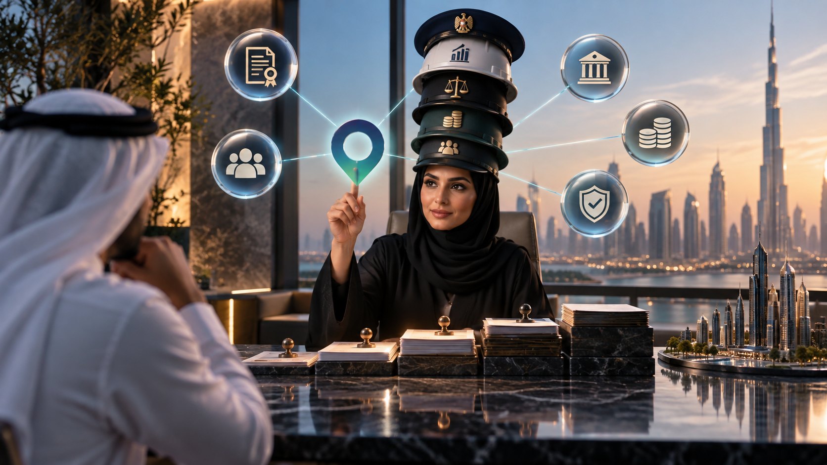 Woman in a hijab reaches for a glowing pin ringed by floating icon badges, man watching from the foreground