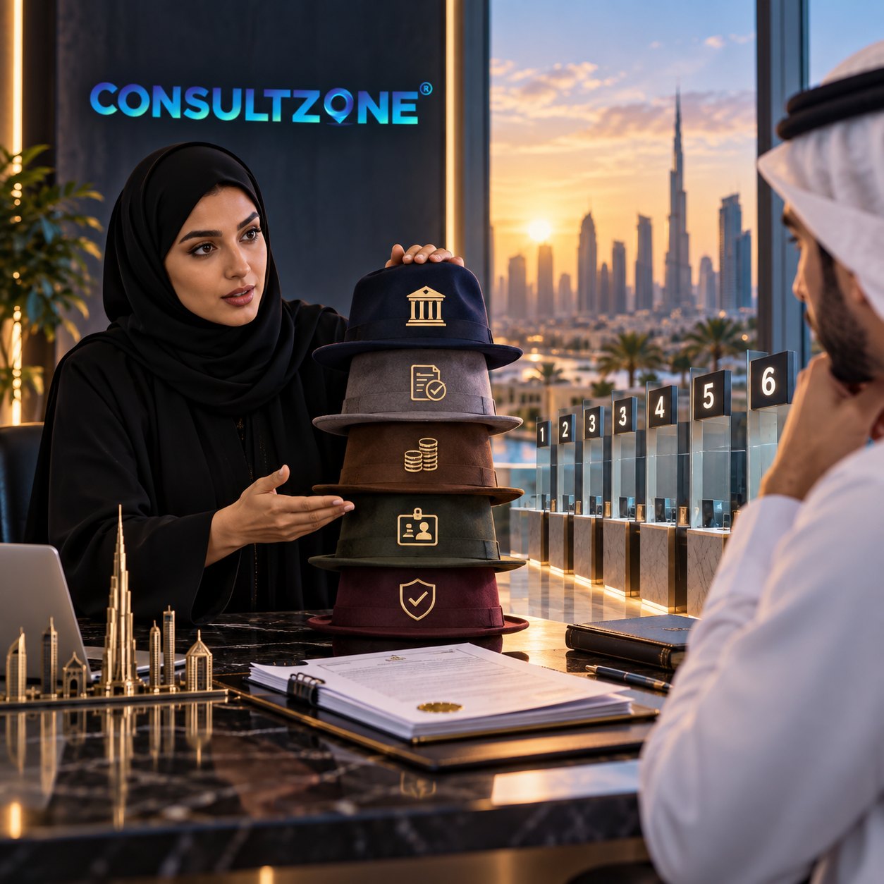 Woman in a hijab presents a stack of five icon-marked tiers to a man seated across the counter