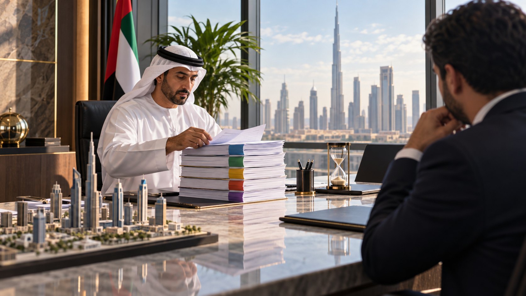 Man in a kandura lifts a sheet from a tall tabbed stack, facing a suited visitor across the desk