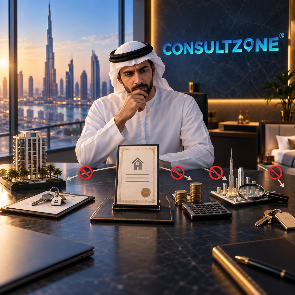 Man in a kandura considers a framed house certificate on a desk of keys, coins and building models