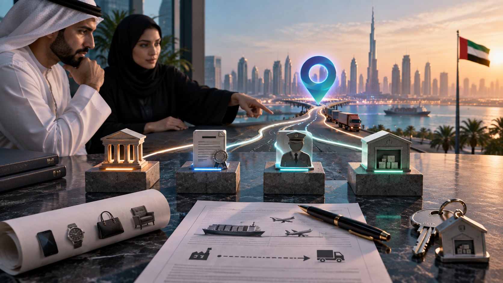 Woman in a hijab points at a glowing pin above a lit track linking four small plinth models