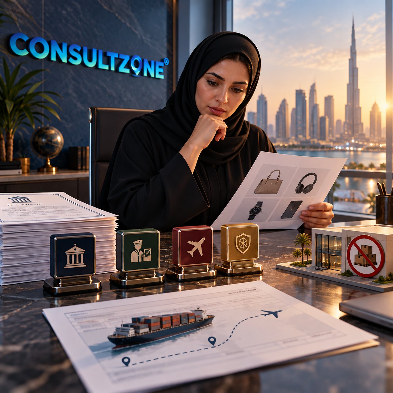 Woman in a hijab studies a sheet of product photographs above a printed route chart showing a container ship