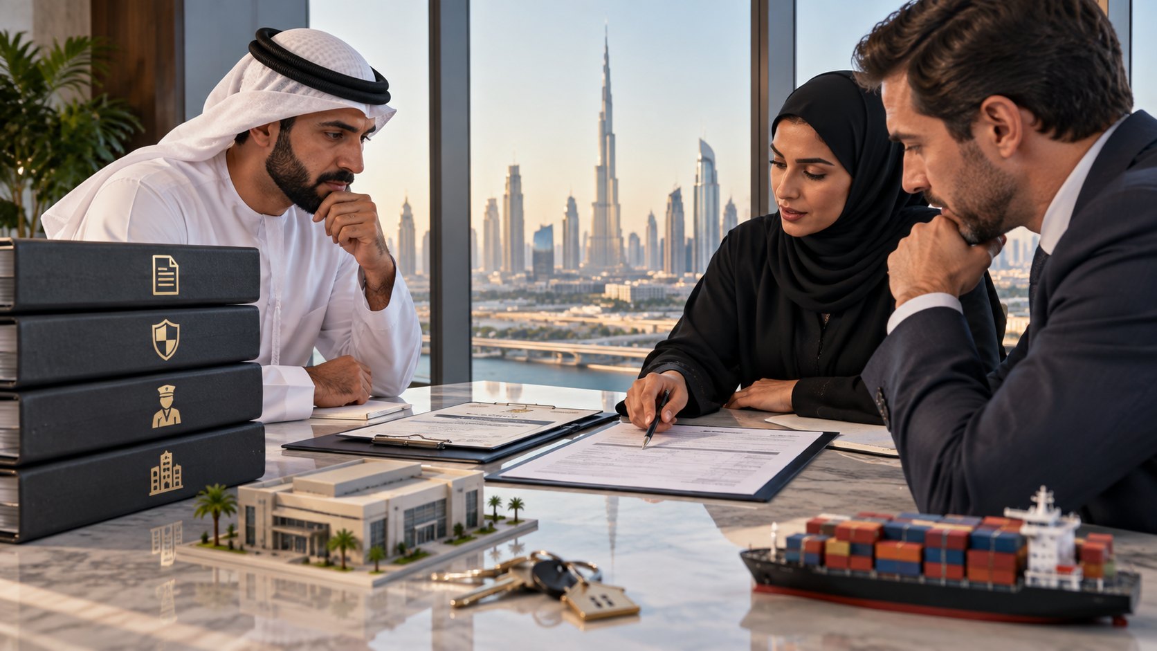 Three people study a clipboard across a table set with icon folders, keys and a container ship model