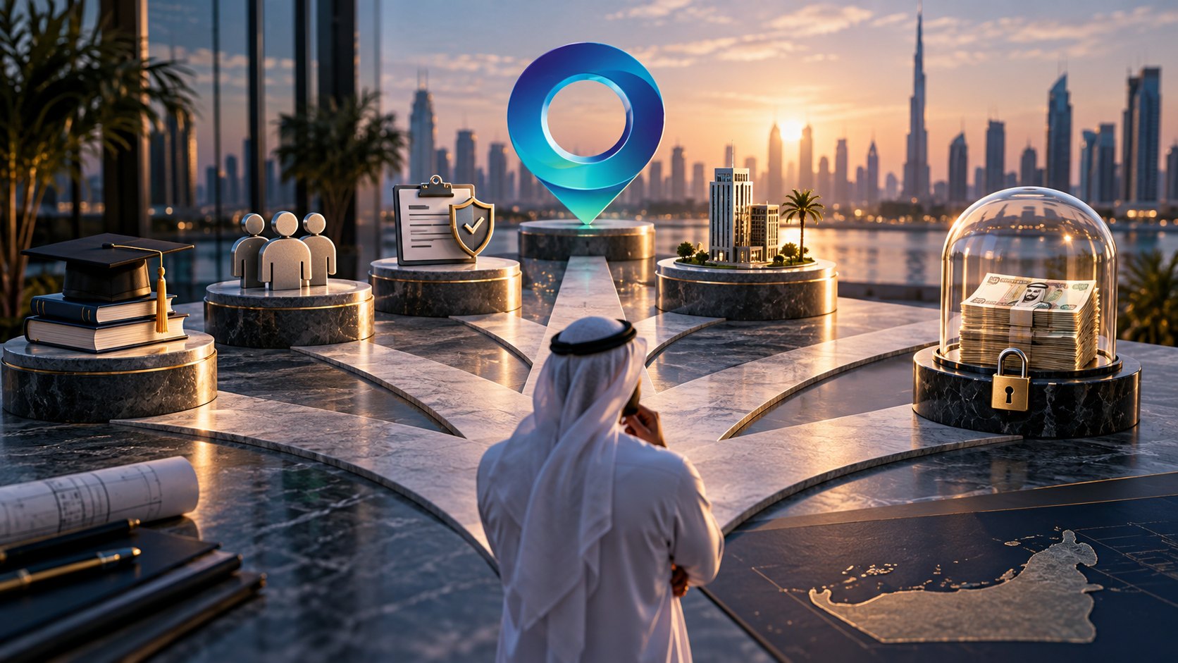 Man in a kandura seen from behind faces a large glowing pin ringed by plinths of icons and models
