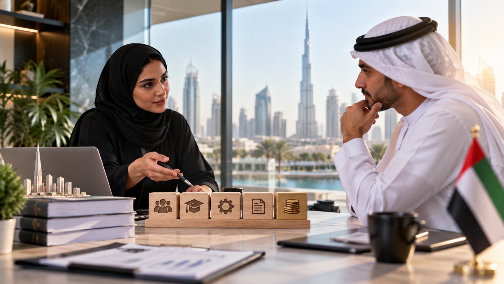 Woman in a hijab talks across a desk to a man in a kandura over four icon-faced wooden blocks