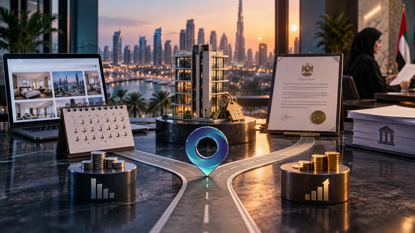 Tablet, calendar, tower model, framed certificate and coin stacks on a desk, a glowing pin on a forking road