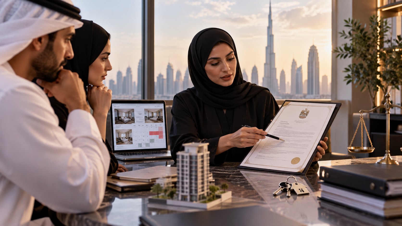 Adviser holds an open certificate toward a seated couple, a tower model and keys on the desk between them
