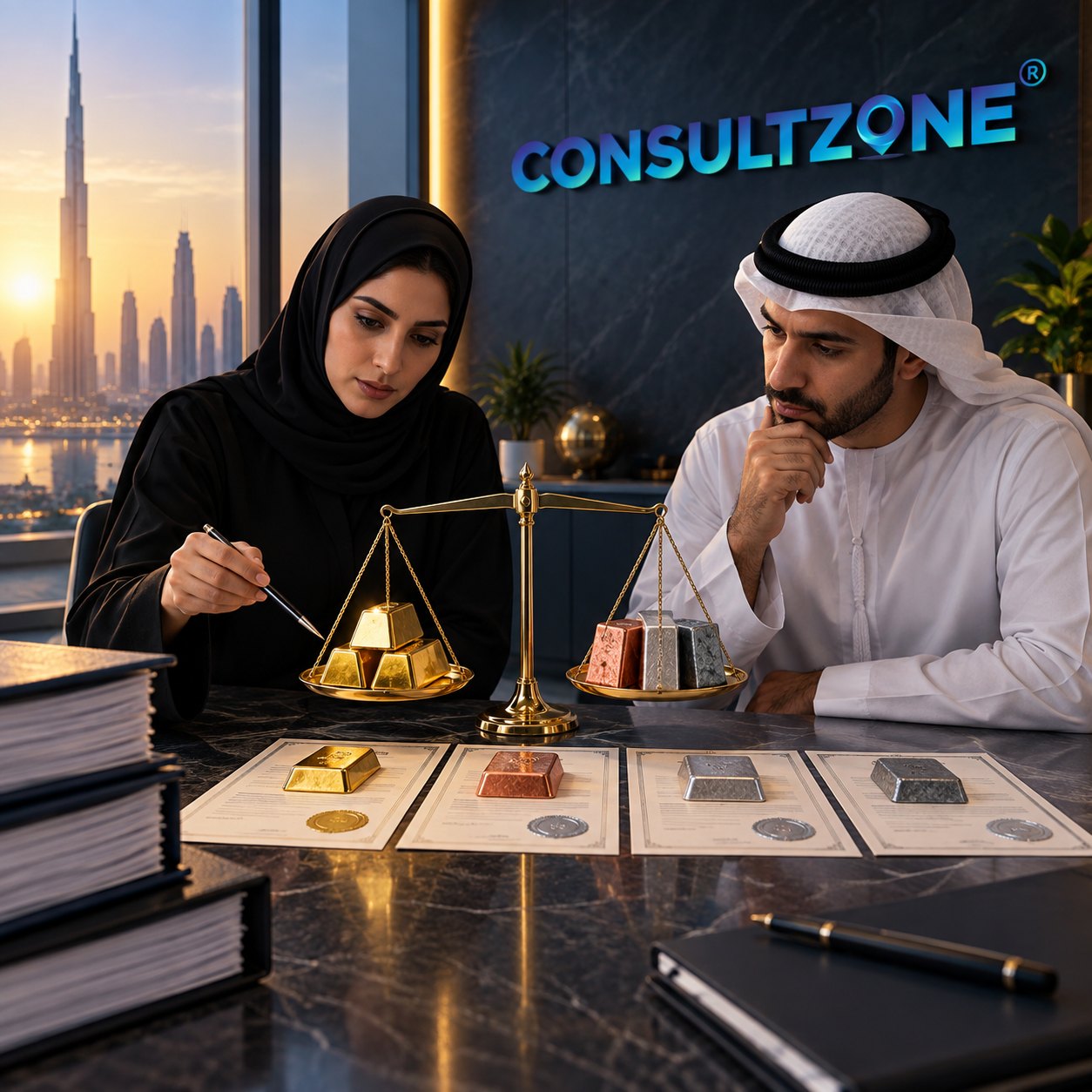 Two advisers weigh gold bars against small metal cubes on a brass balance, assay cards laid out below