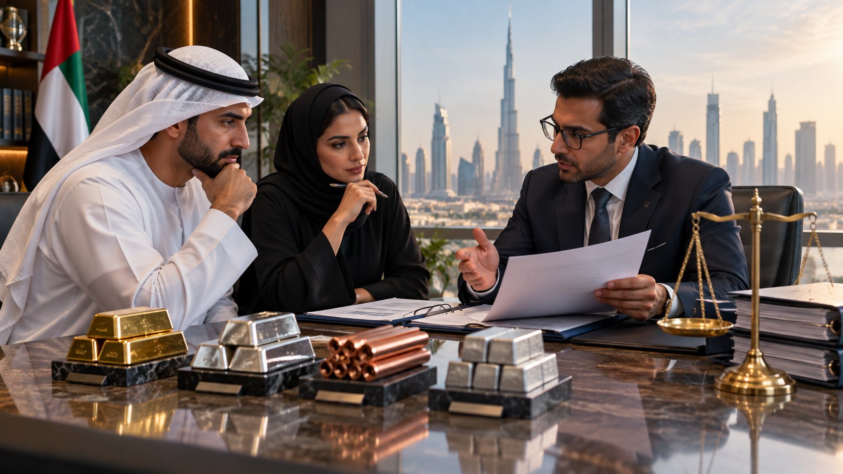 Suited adviser talks across a table set with gold bars, silver ingots and copper rods to a listening couple