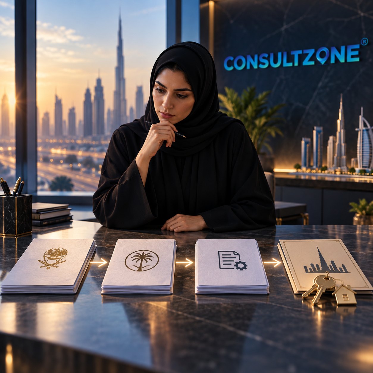 Woman at a marble desk considers four document stacks linked by arrows, ending at a ring of keys