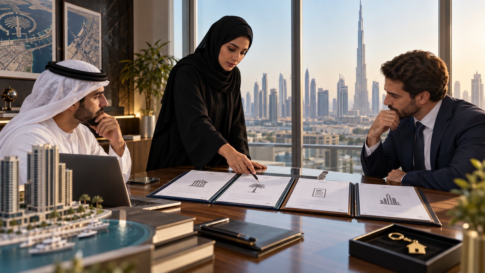 Standing woman points a pen at four open folders laid in a row while two seated men watch