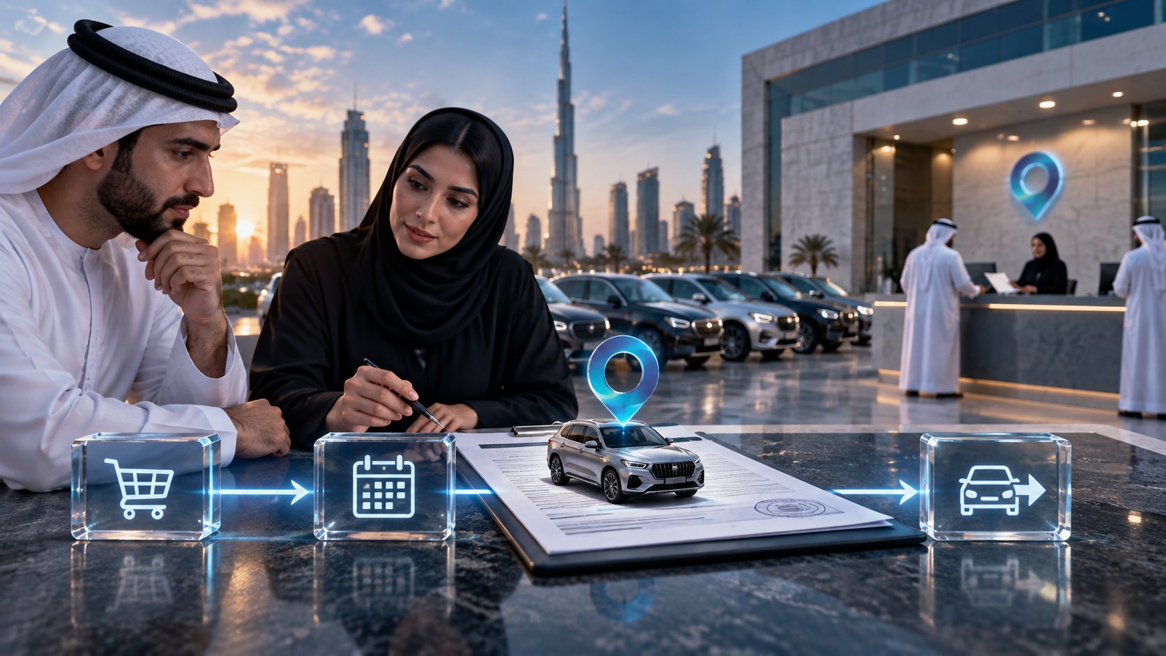 Woman signs a document topped by a model car and a glowing pin, lit icon panels along the table edge