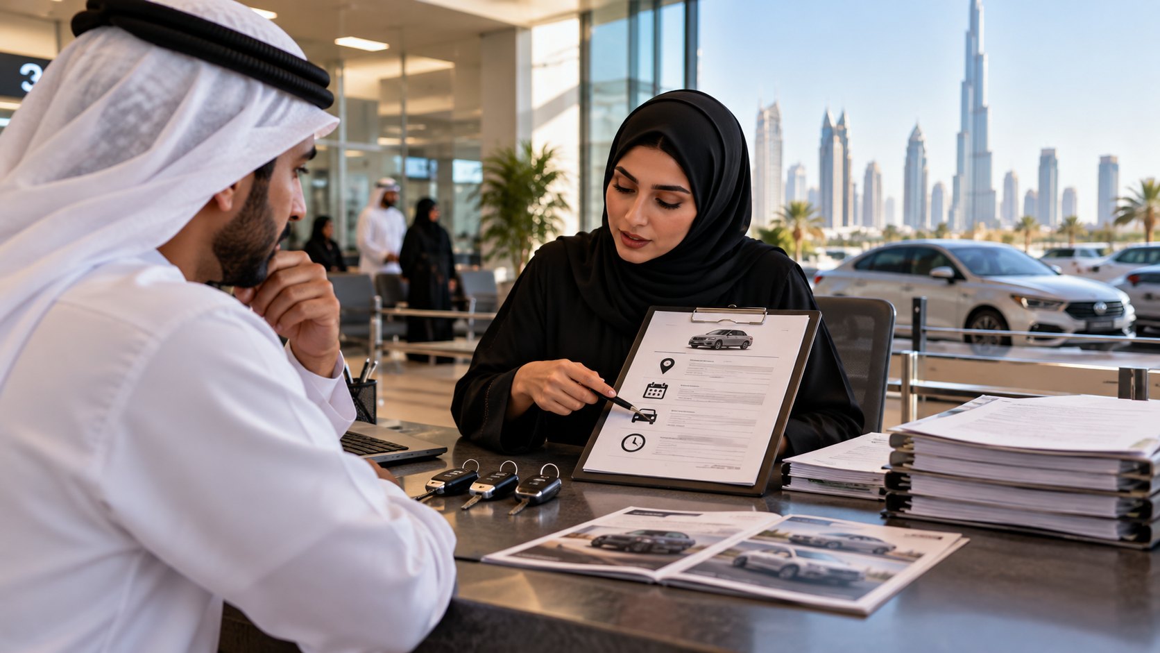 Woman behind a counter points at a clipboard for a man in a kandura, key fobs and paperwork between them