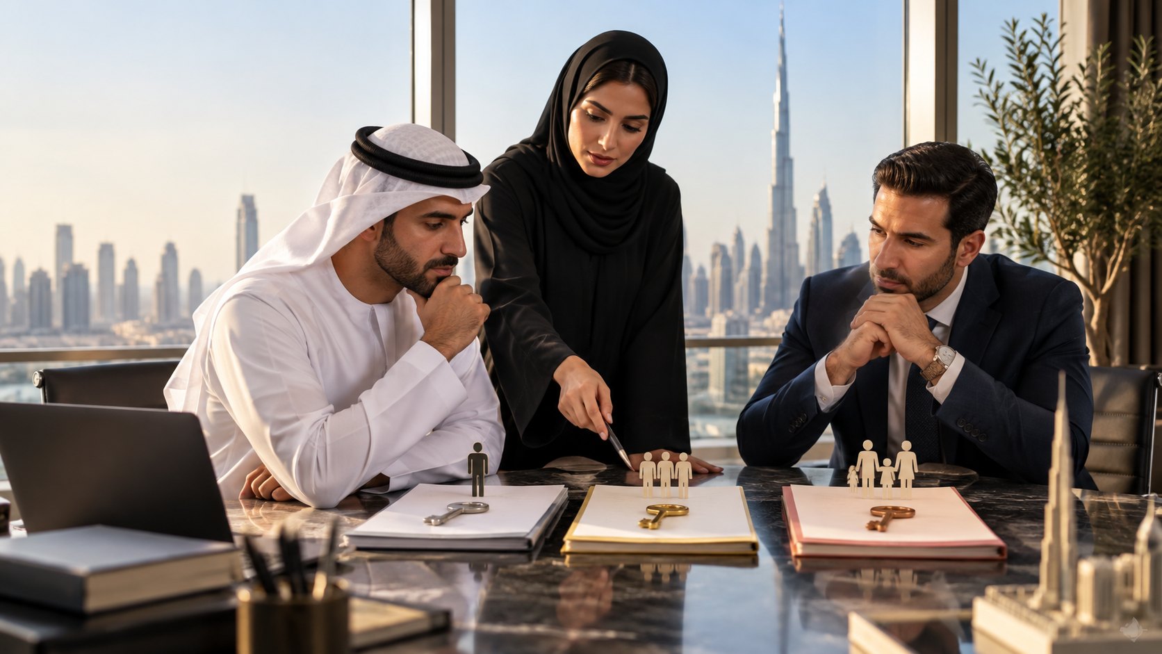 Standing woman points at three folders each topped with small figurines while two seated men study them