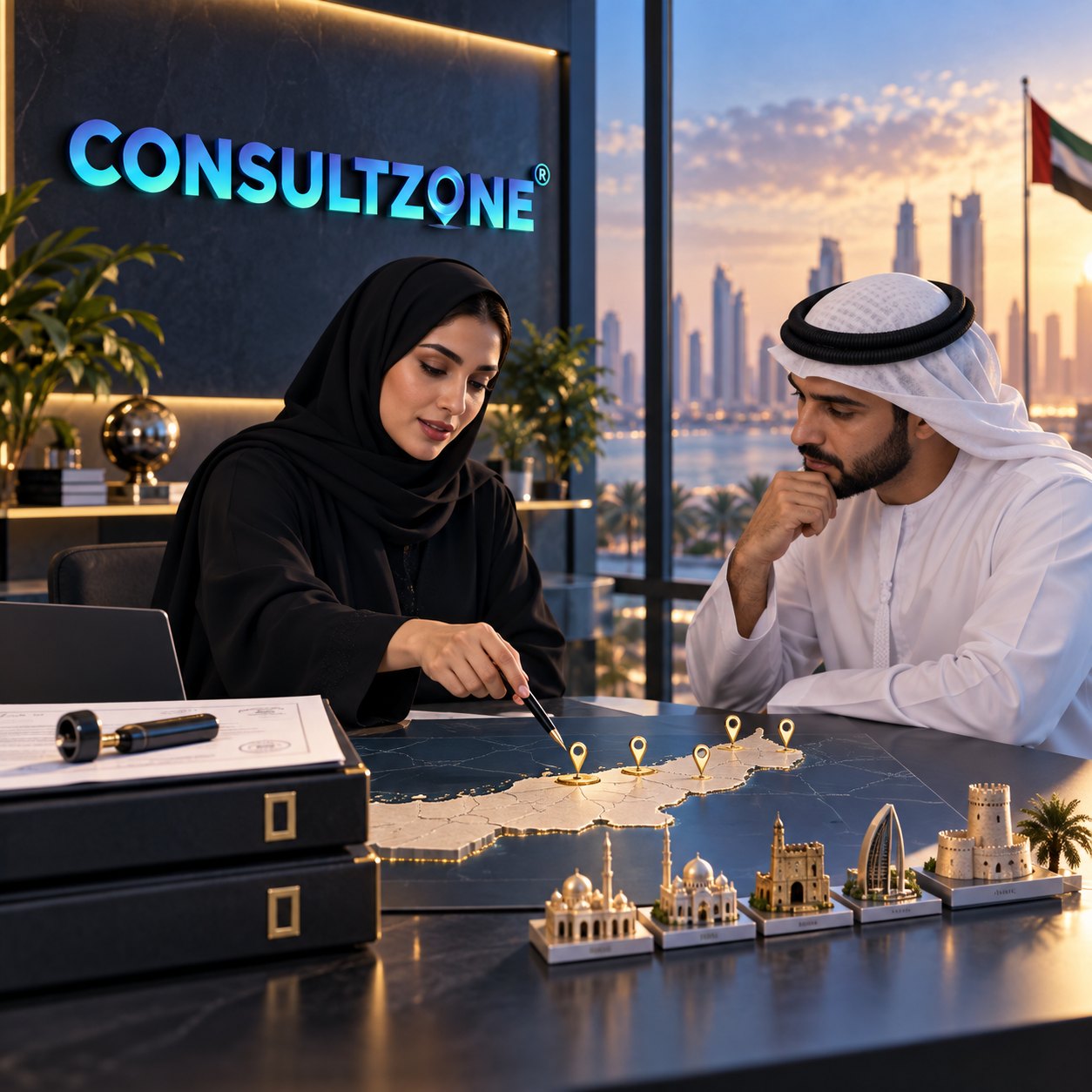 Woman points a pen at a relief map of the UAE studded with pins, small landmark models in front