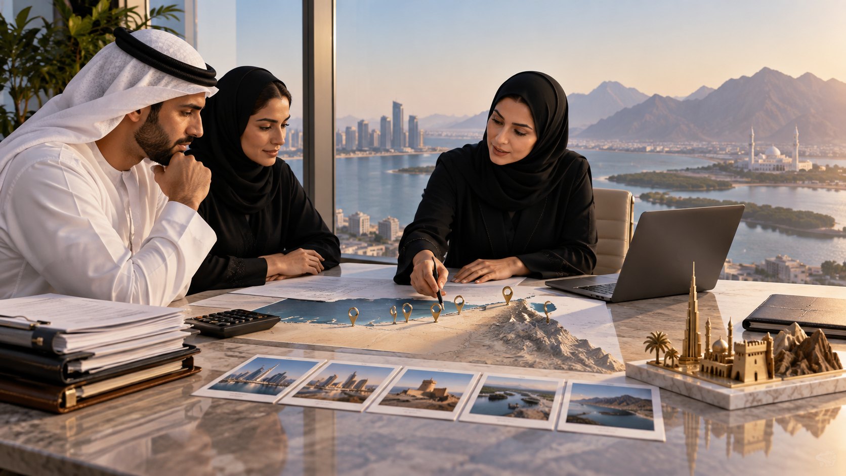Woman points a pen at a relief terrain map while two colleagues watch, printed photo cards spread across the table