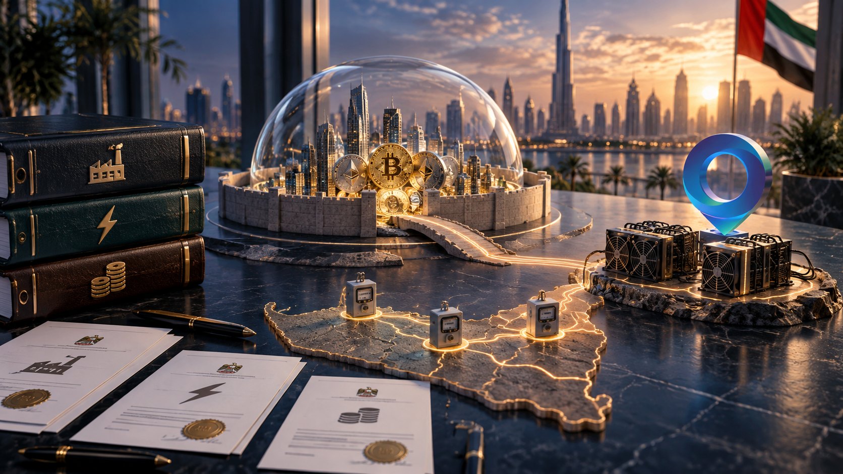 Glass dome covers a city model holding a bitcoin coin, beside a gilded UAE map traced with circuit lines