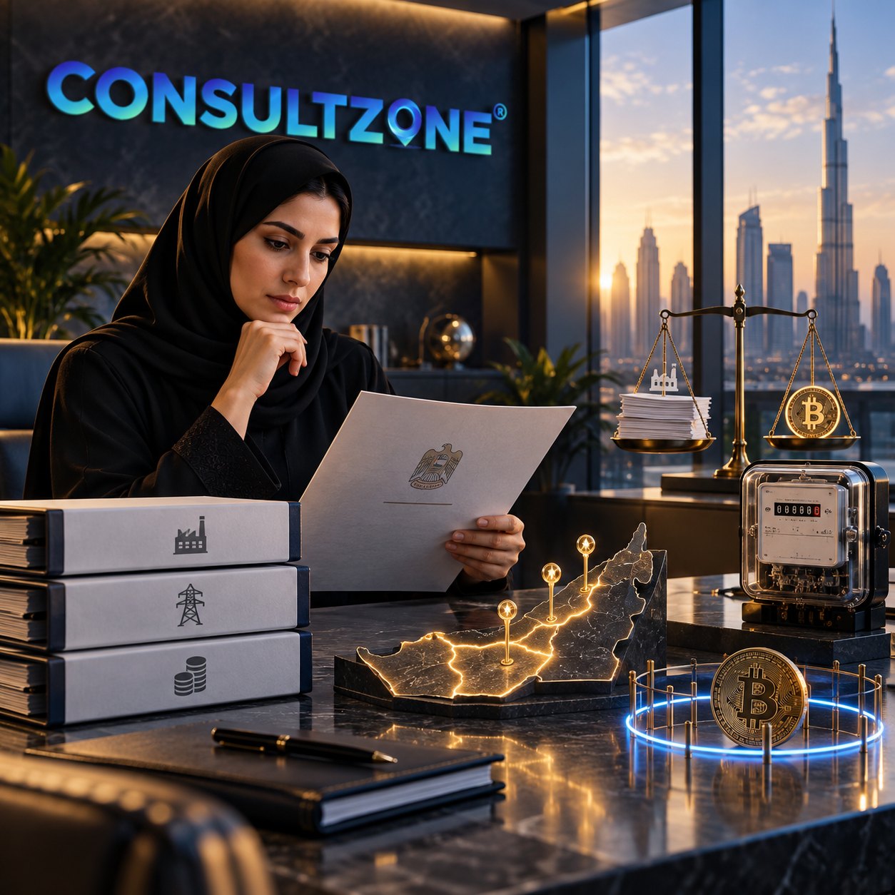 Woman reads a sealed sheet beside stacked boxes, an electricity meter, a lit UAE map and a bitcoin coin