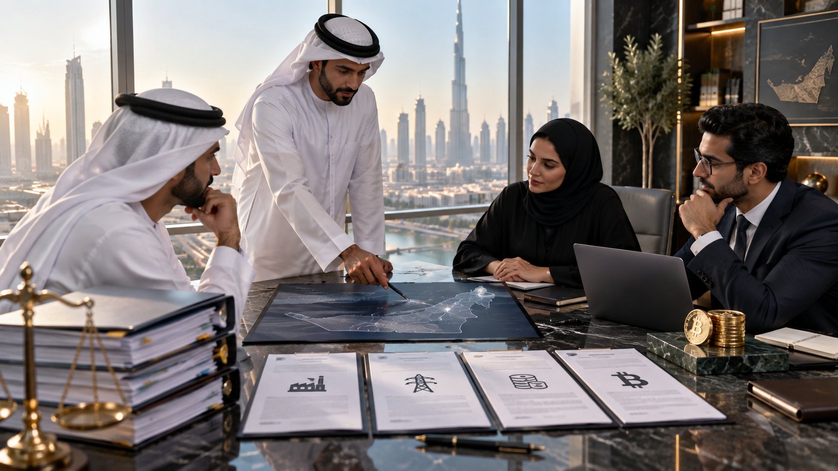 Standing man points at a dark relief board on a boardroom table while three colleagues look on