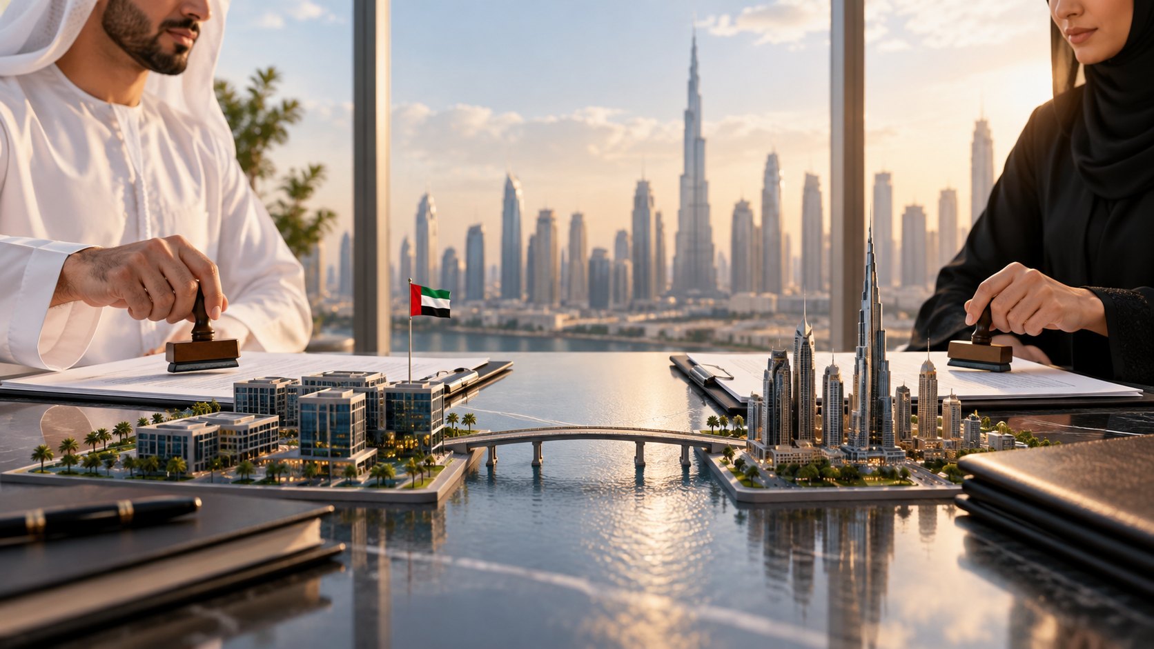 Two people hold stamps across a table where a curved bridge links a low-rise model to tall towers