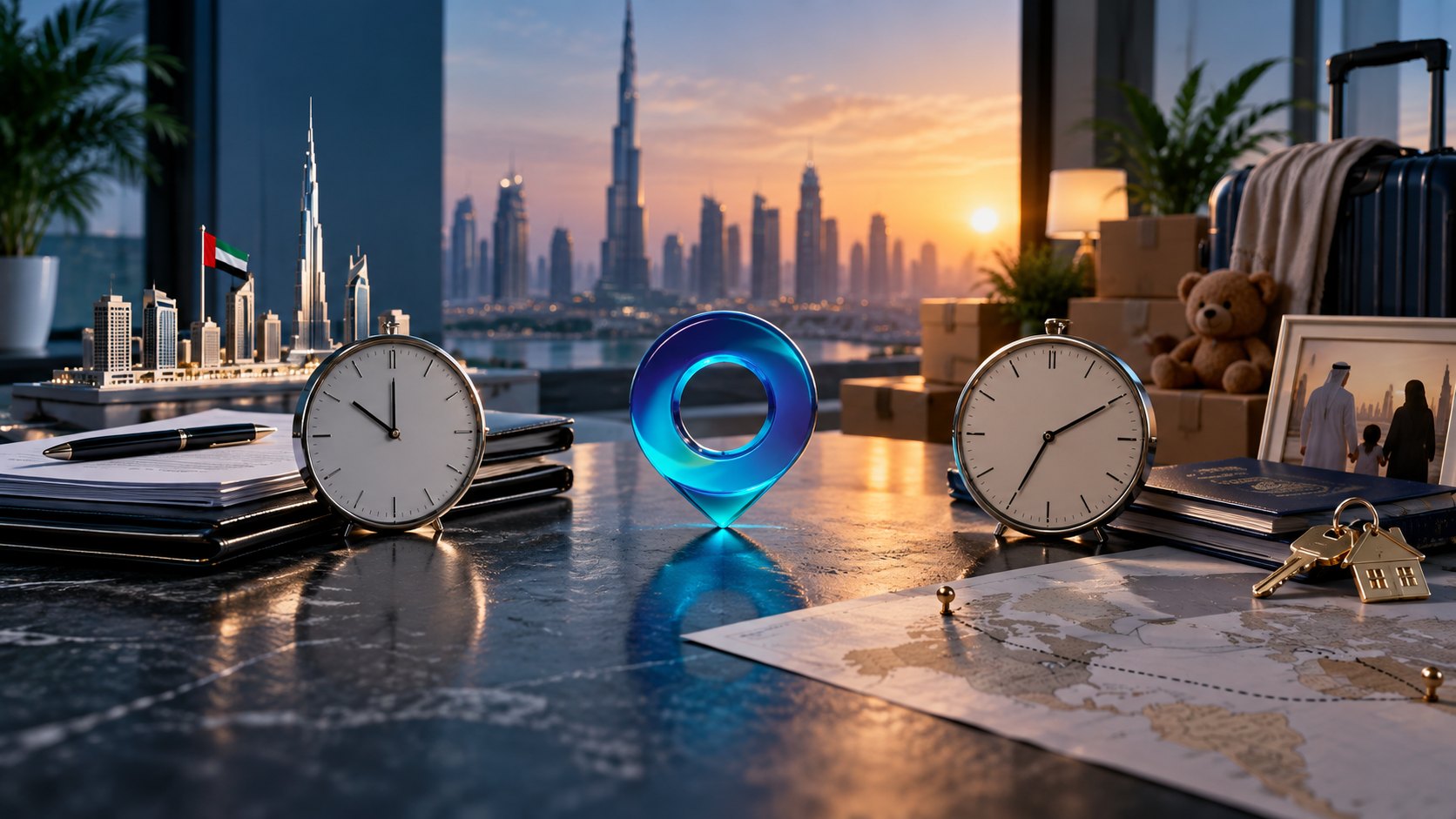 Two clocks face each other across an open map with a glowing pin between them, packing boxes at right