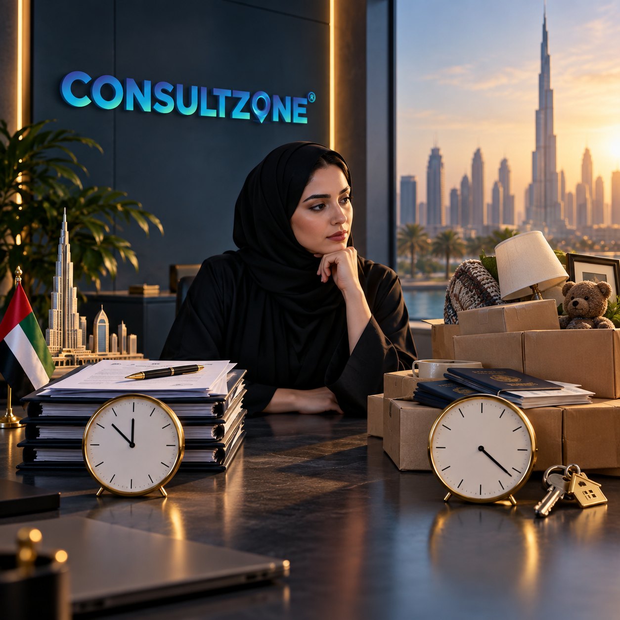 Woman at a desk between stacked files and cardboard moving boxes topped with a teddy bear, two clocks nearby