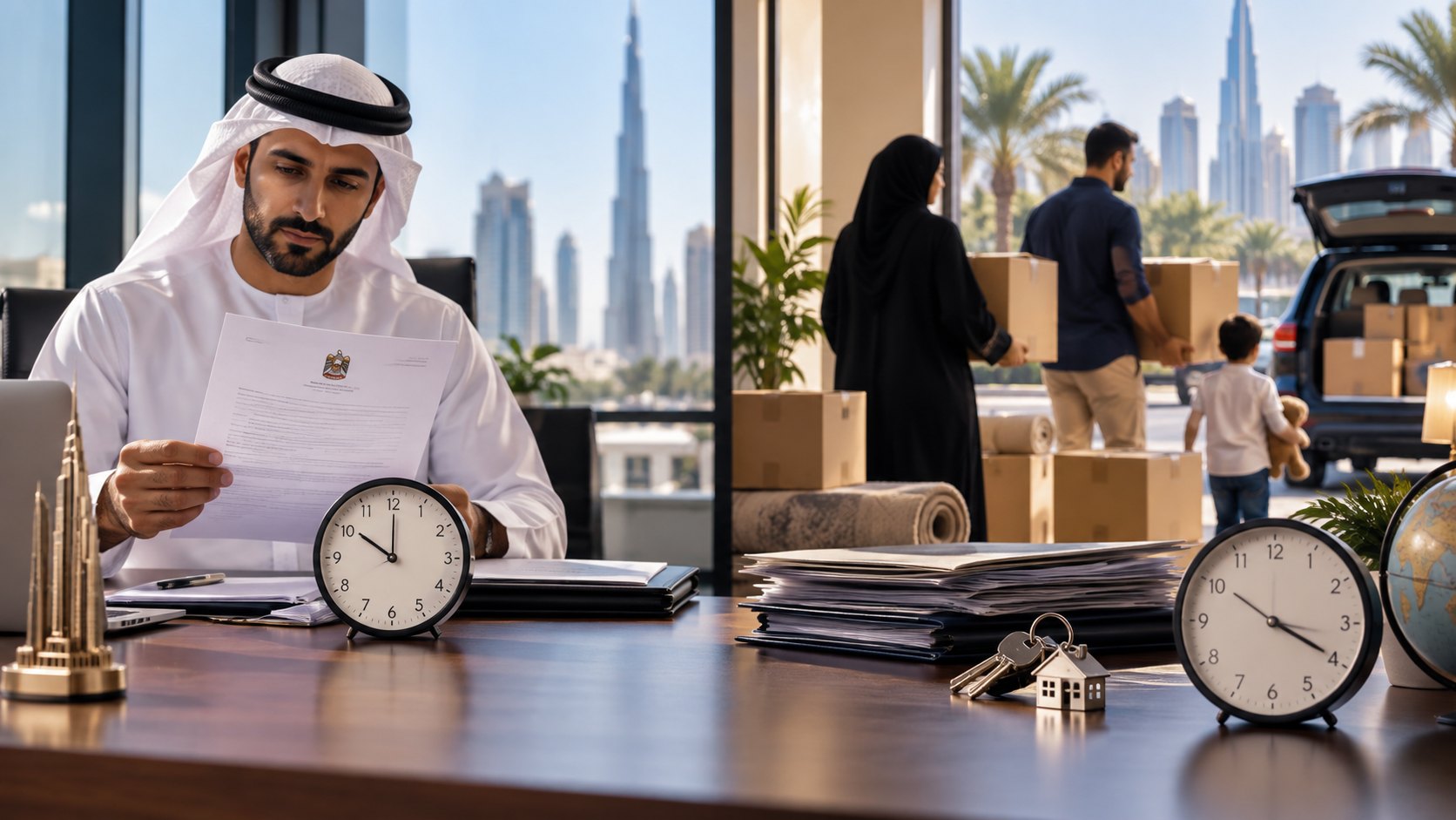 Man at a desk reads a sealed sheet between two clocks while a family loads boxes into a car behind