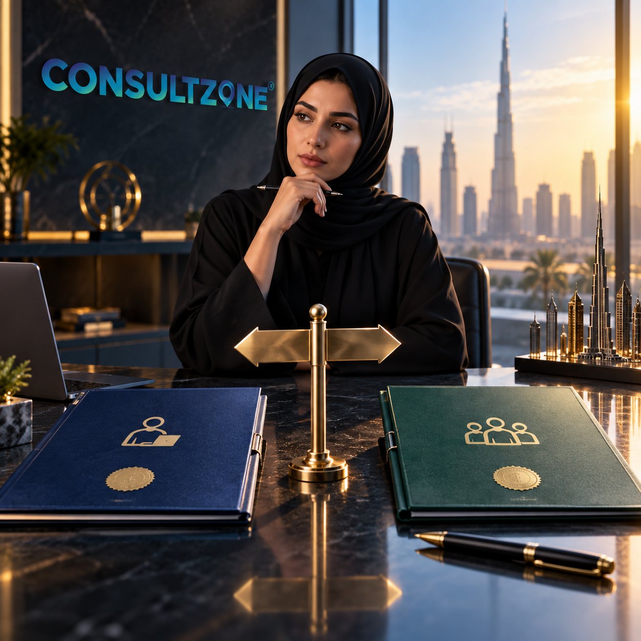 Woman at a desk behind a brass signpost pointing to two sealed folders, one marked with a group icon