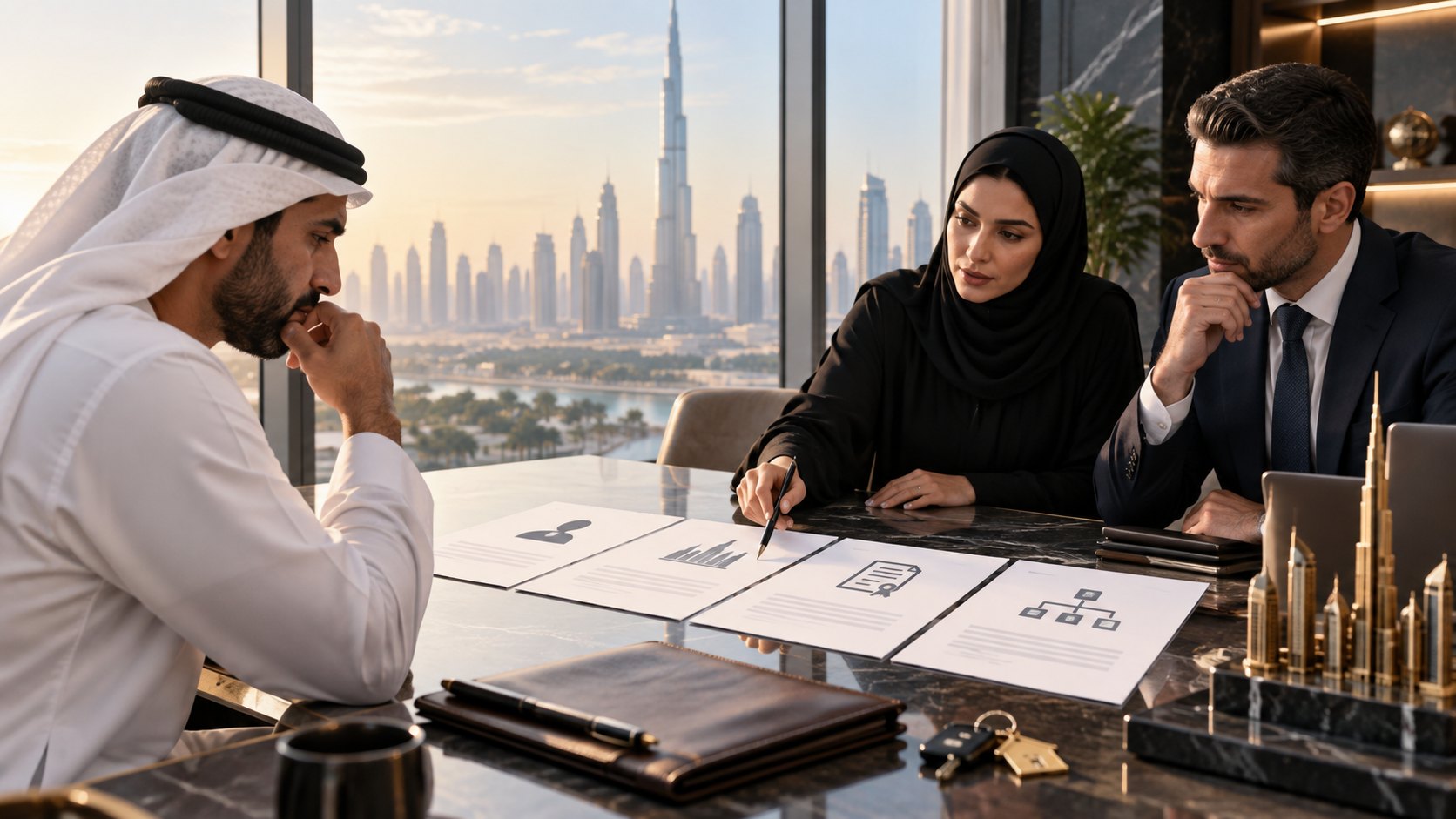 Woman points a pen along four printed sheets laid in a row while two men lean in, keys beside them
