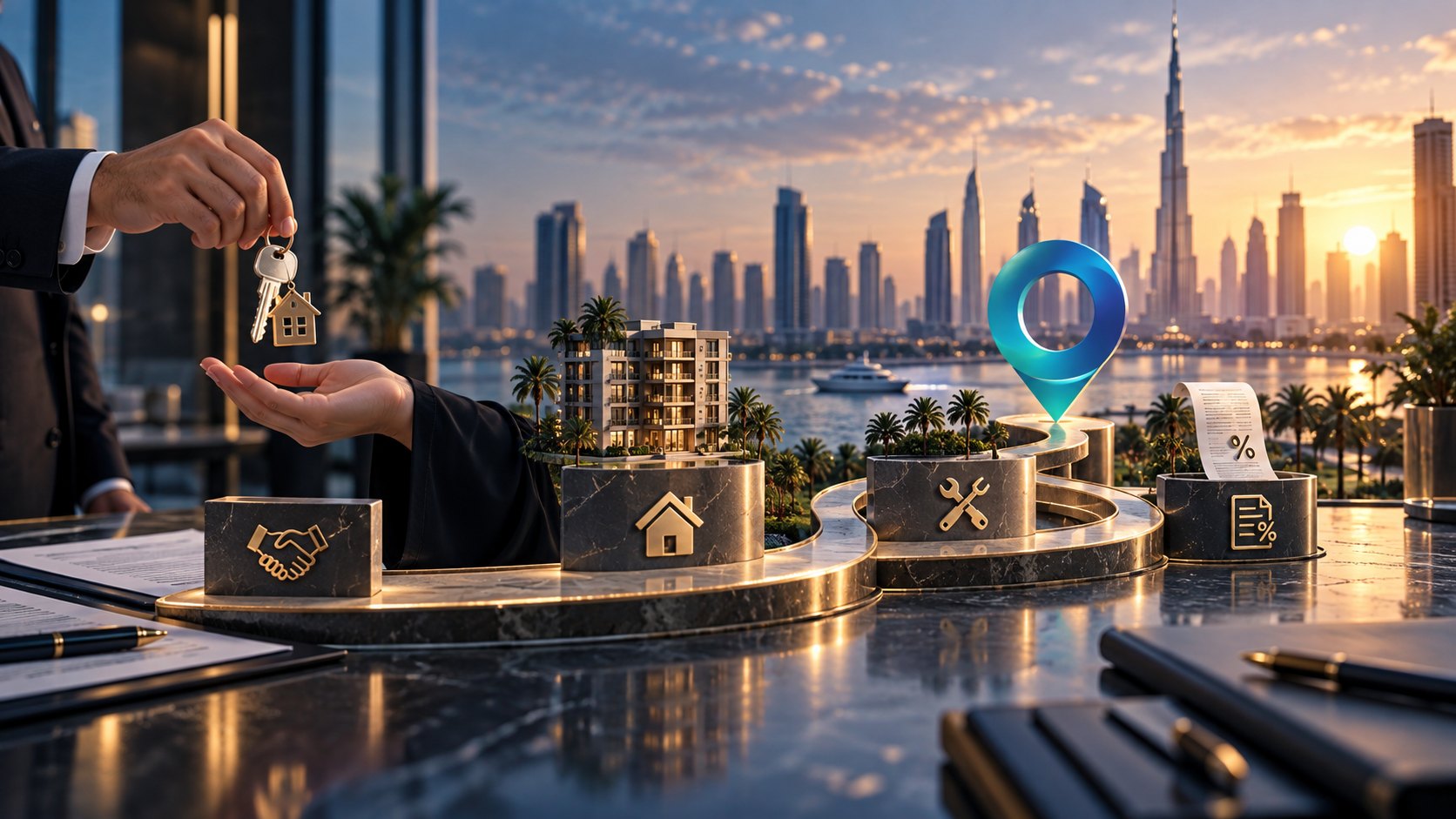 Hand drops a house key into an open palm above a lit ring of icon blocks and a map pin