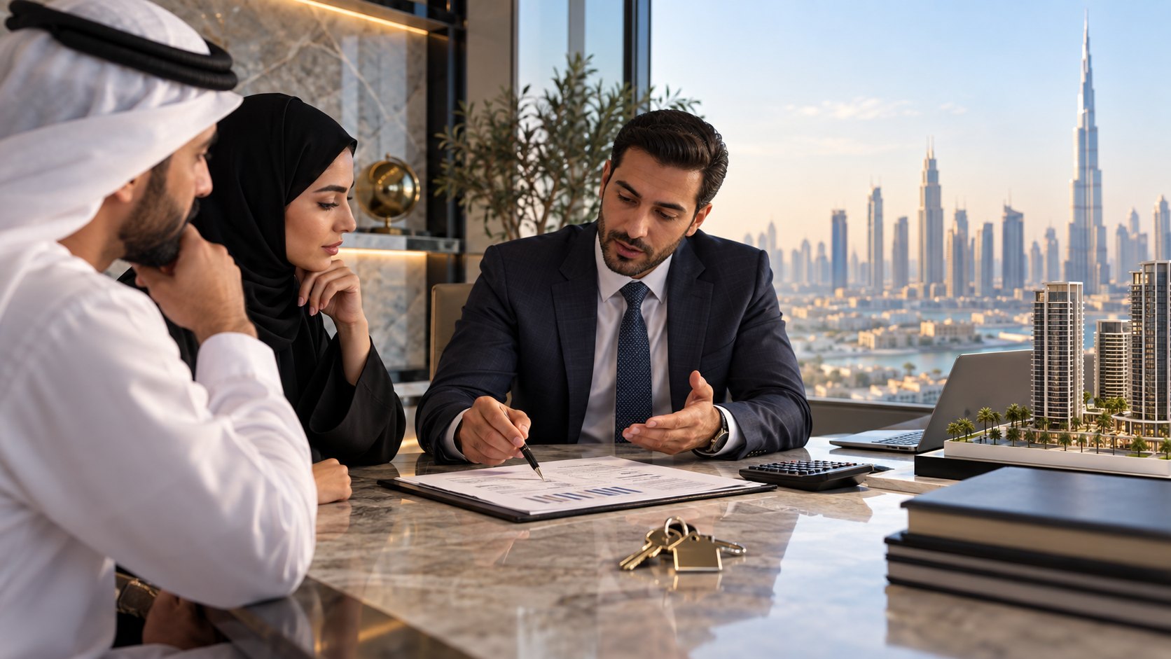Suited adviser explains a document to a couple across a table, a calculator and house keys within reach