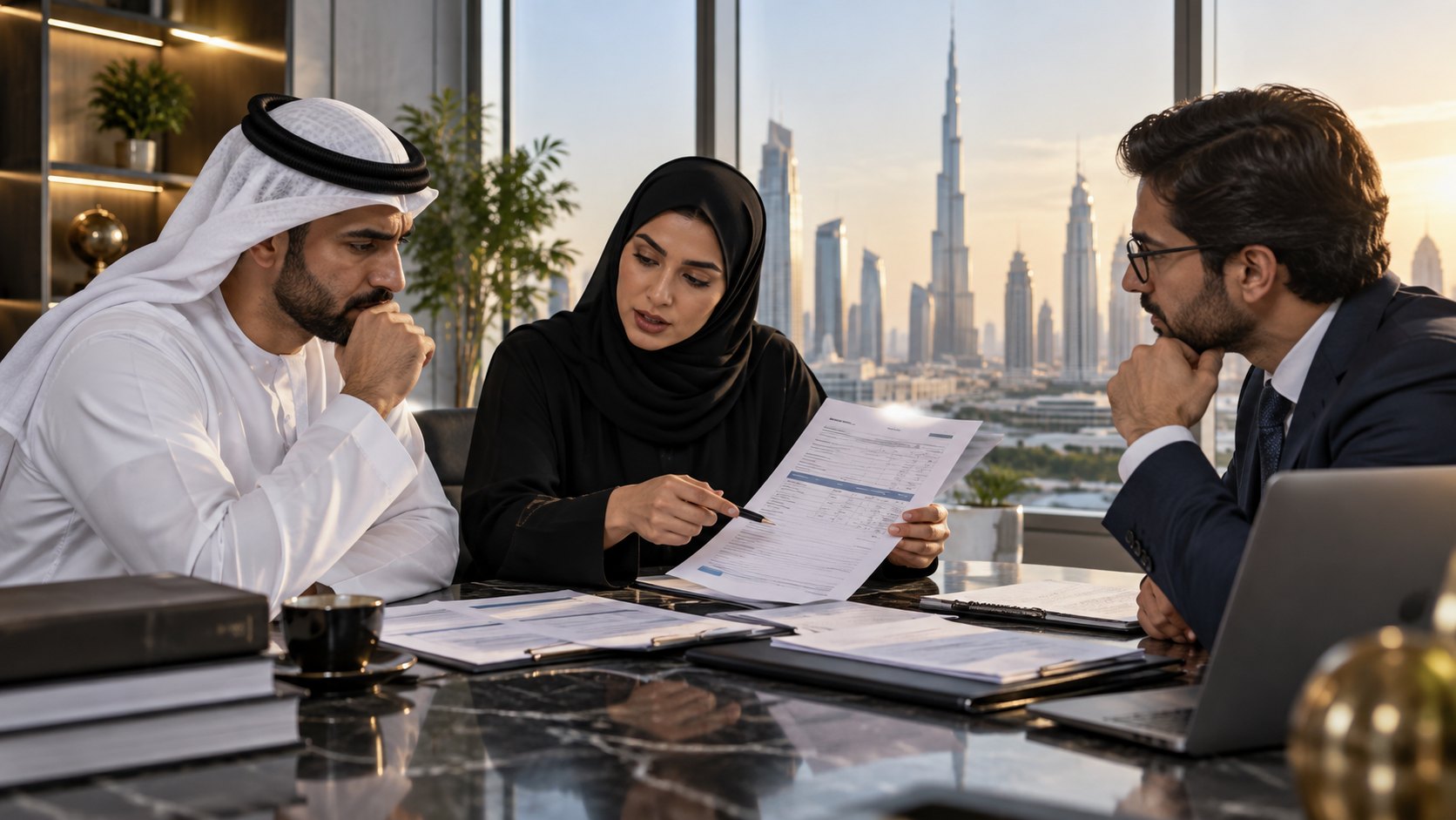 Woman points a pen at a printed sheet she holds up while two men lean in to read it