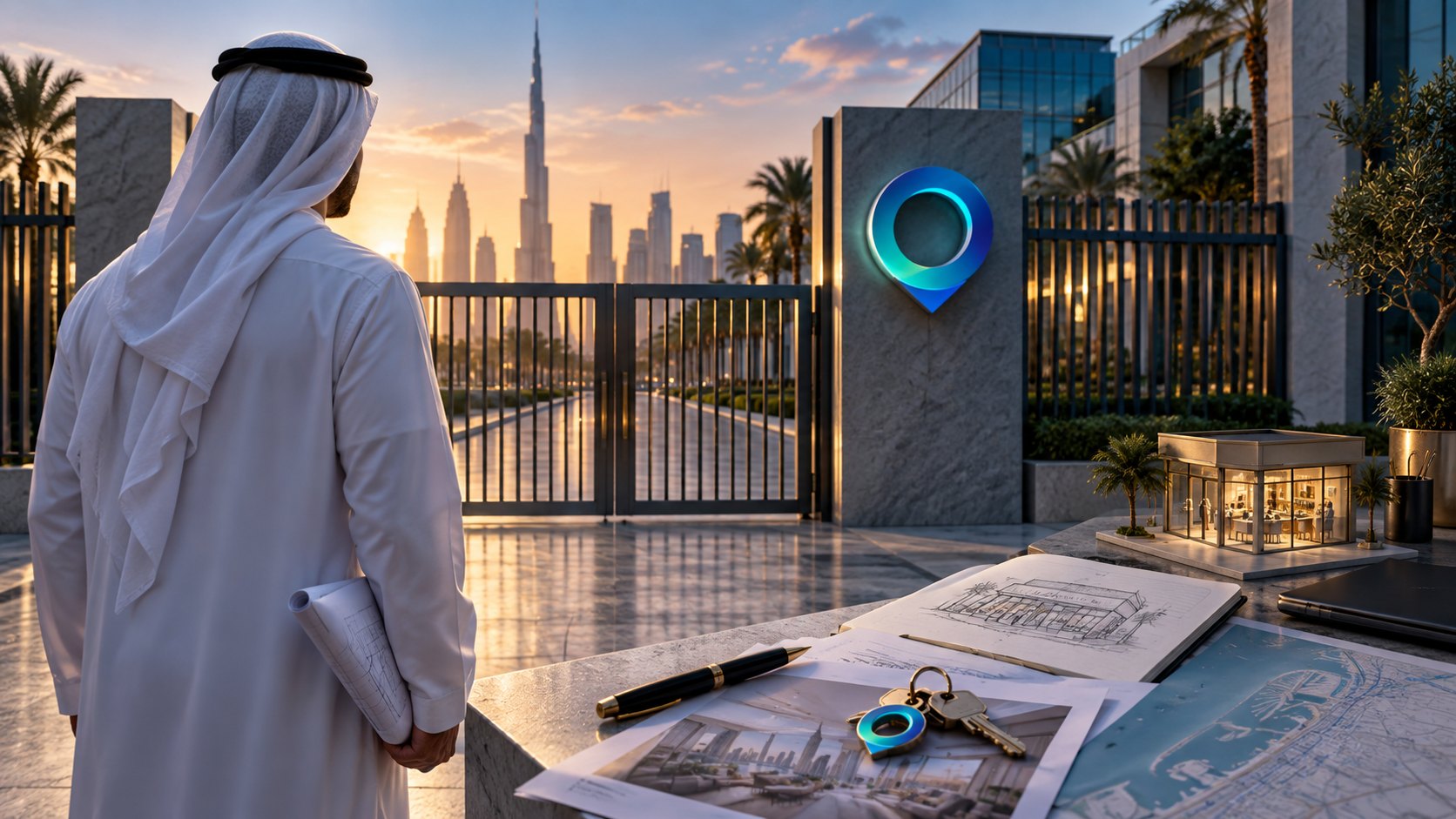 Man with a folder faces a closed gate marked by a glowing pin, plans and keys on the ledge