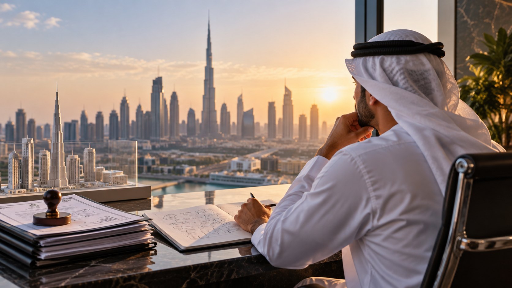 Man at a window desk pauses over an open ledger, looking out at the Dubai skyline at sunset