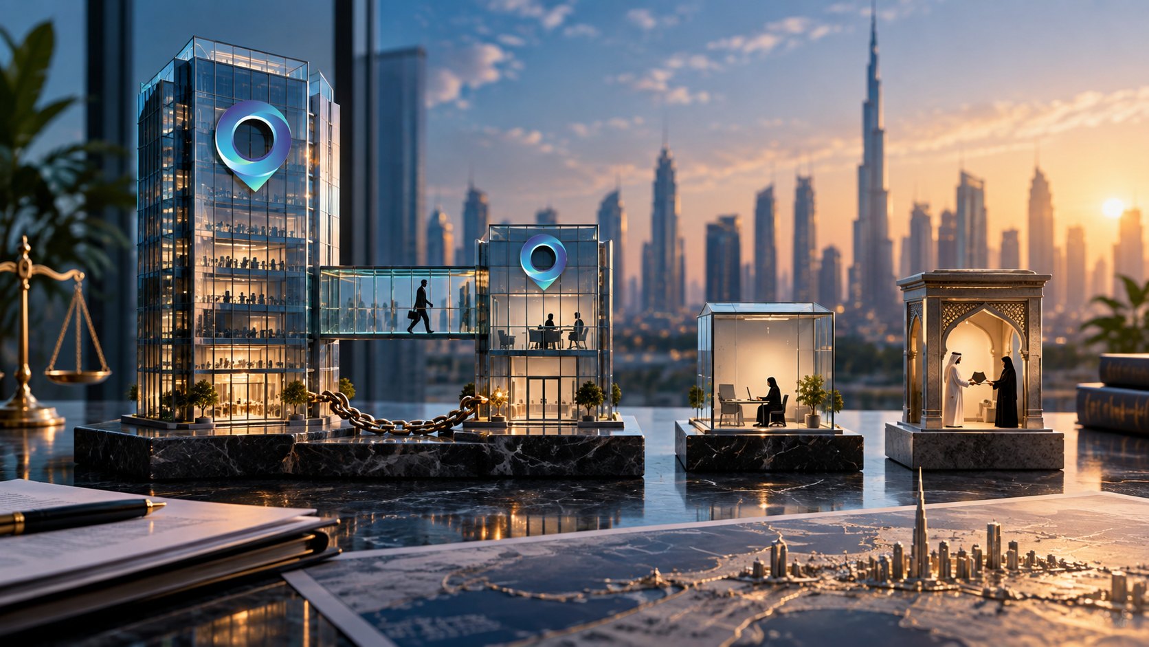 Lit glass tower topped by a map pin linked by a glowing line to small rooms and a carved booth
