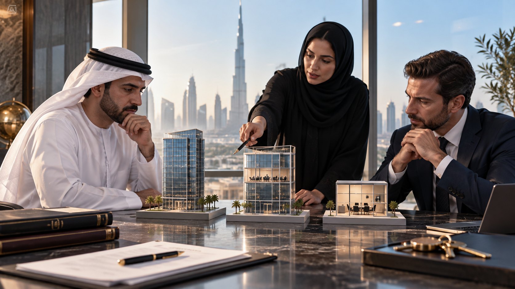 Standing woman sets a tall tower model beside a smaller building model while two seated men watch