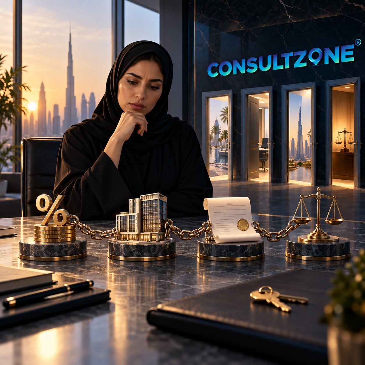 Woman in an abaya studies gold plinths holding a percent sign, tower model, scroll and scales