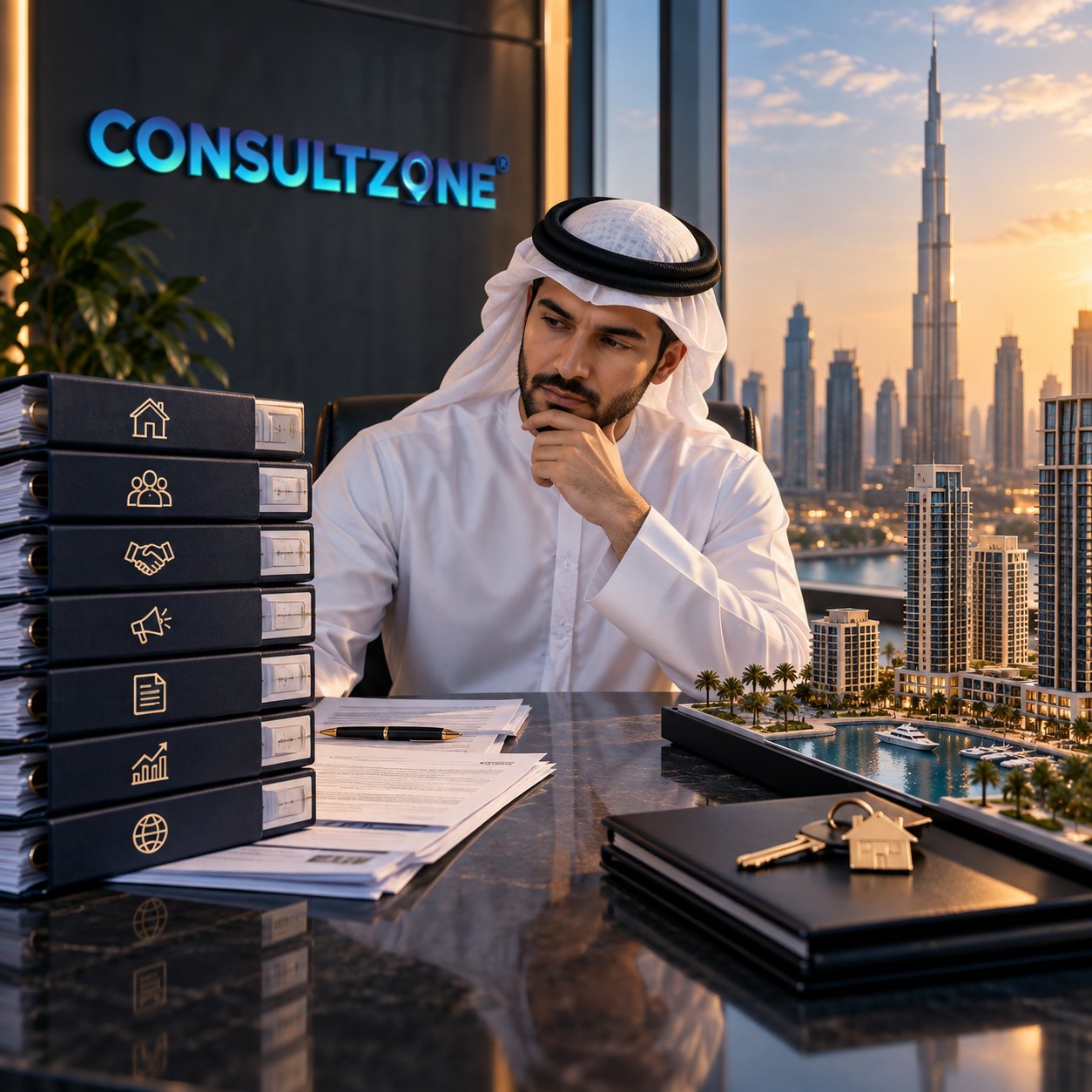 Man in a kandura beside a stack of black binders marked with house, handshake and chart icons
