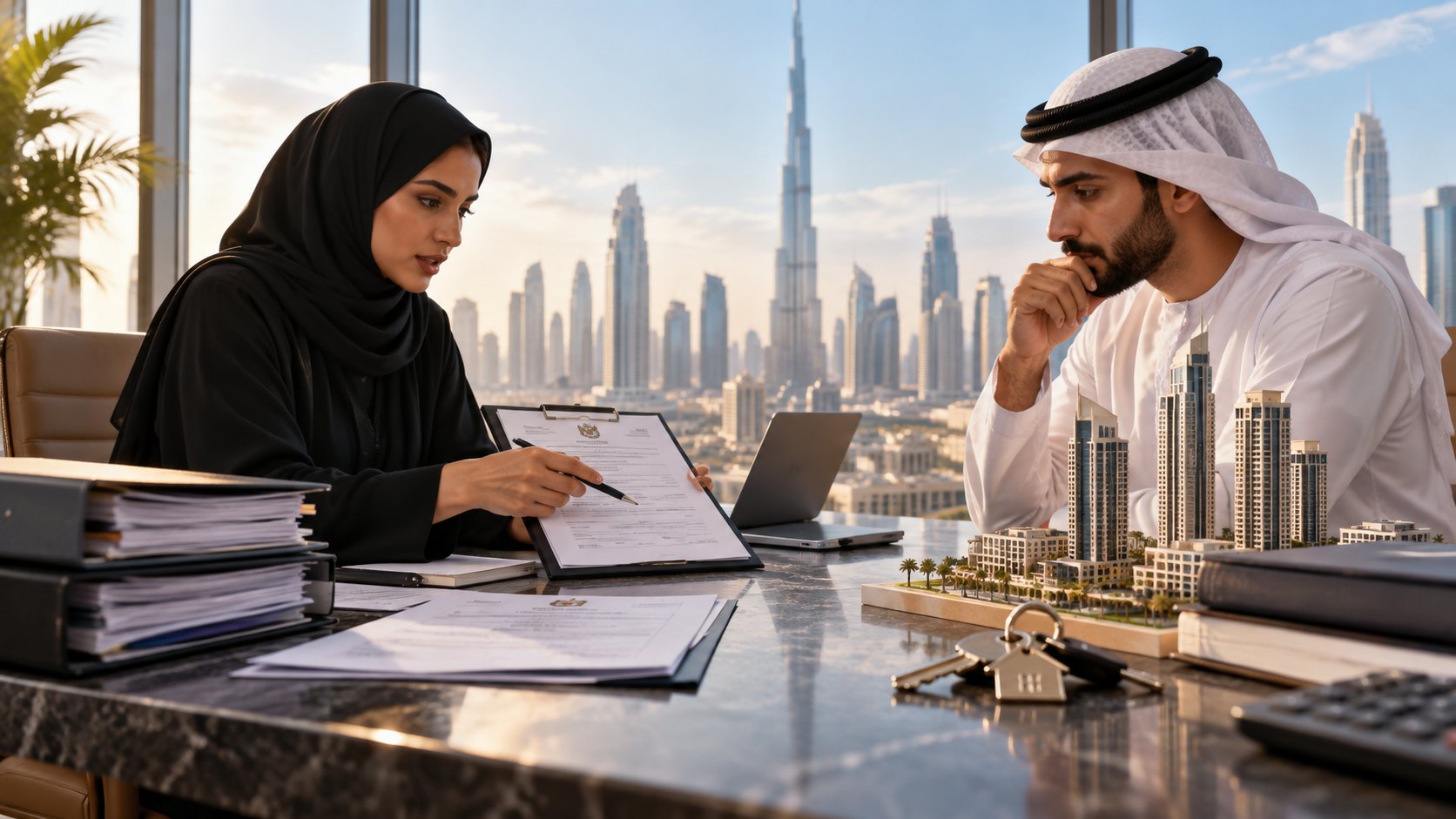 Woman in an abaya points a pen at a clipboard while a man in a kandura listens
