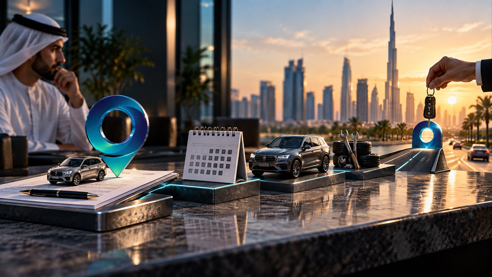 Miniature cars, a calendar block and a lit road strip on a counter as a hand lowers keys