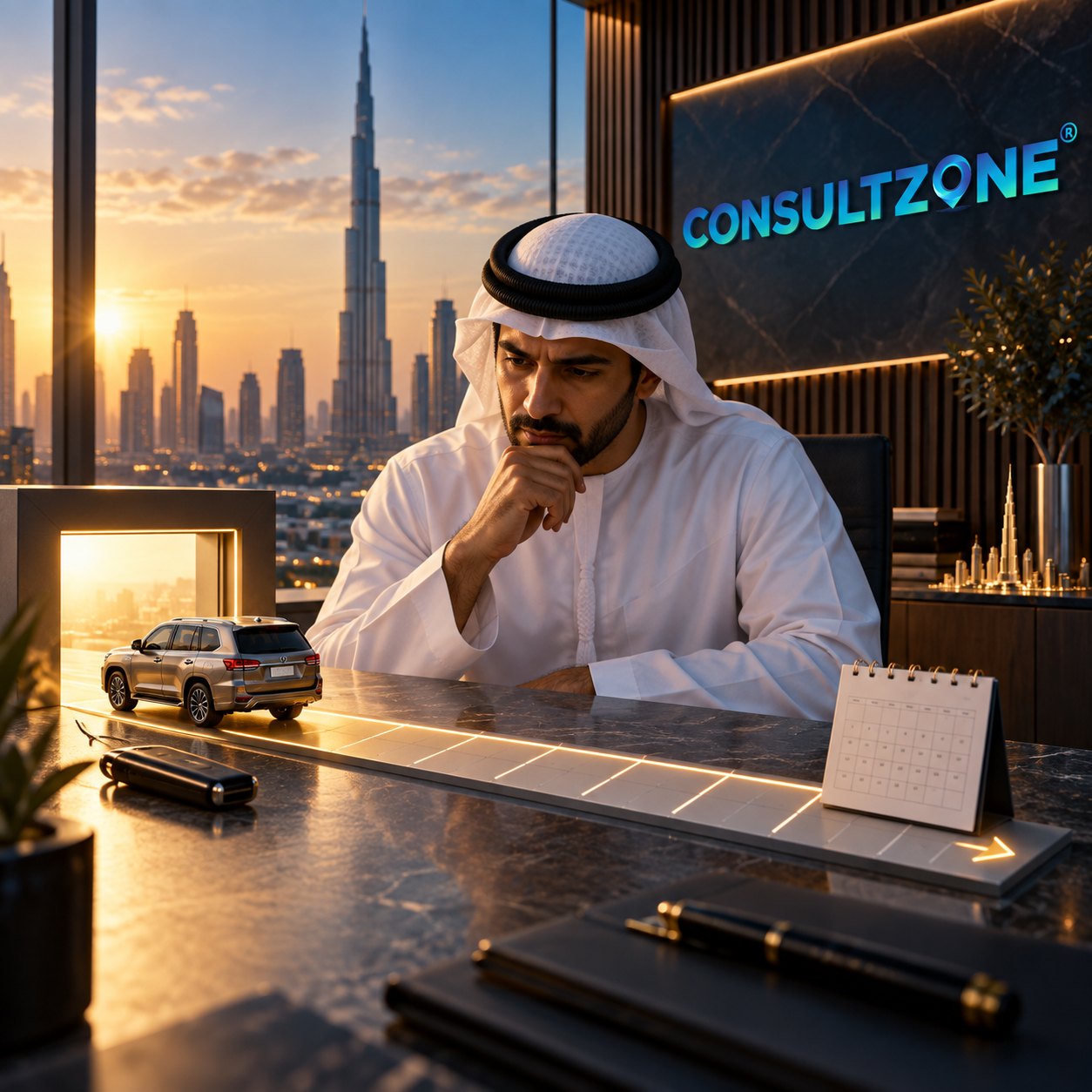 Man in a kandura at a desk with a silver SUV model on a lit ramp and a calendar