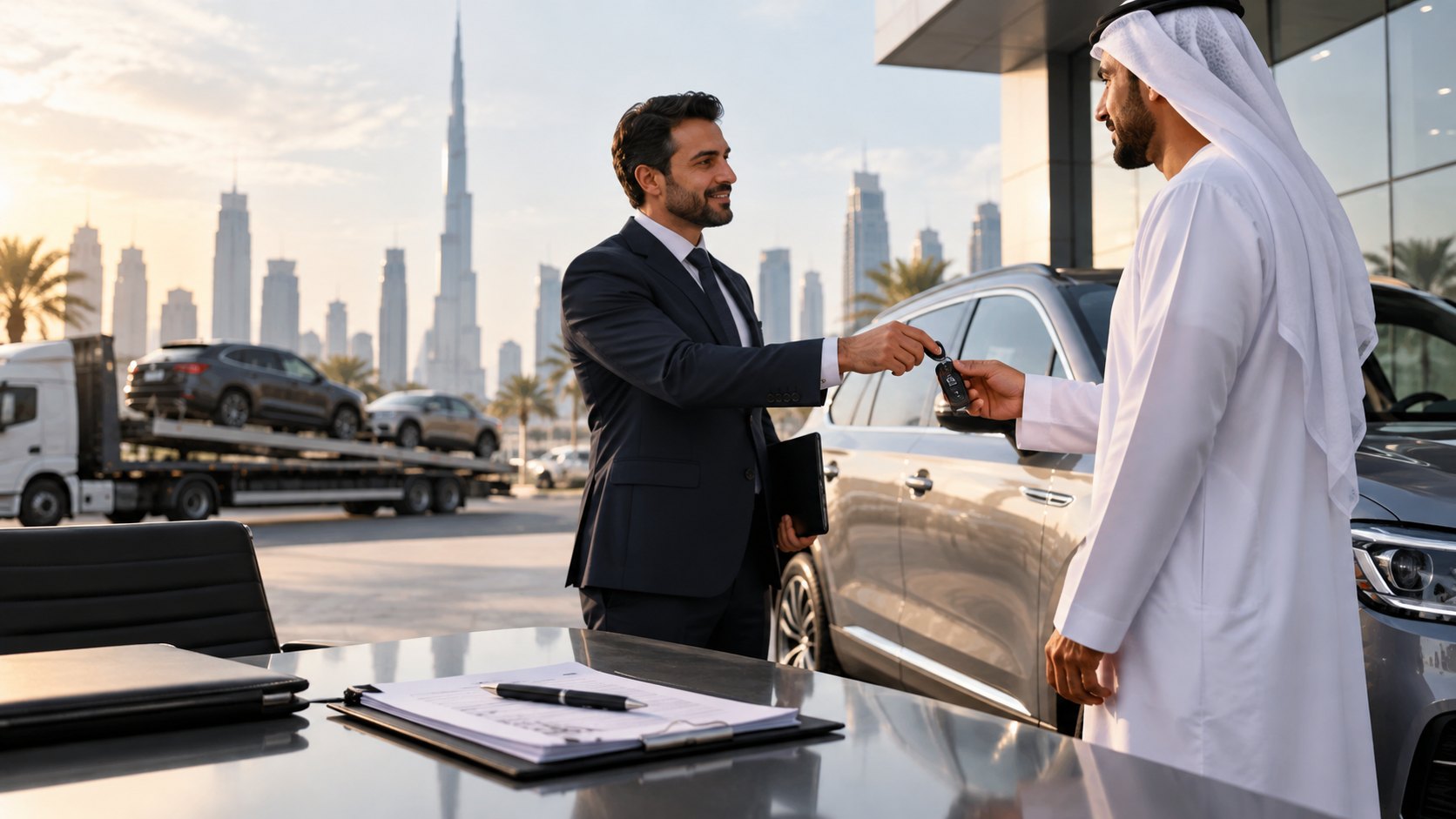 Man in a suit hands car keys to a man in a kandura beside a parked saloon car