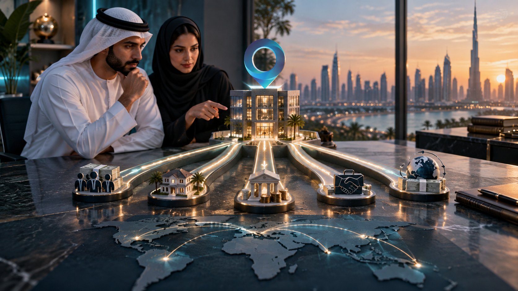 Lit tower model with light trails running to small plinths across a counter etched with a world map