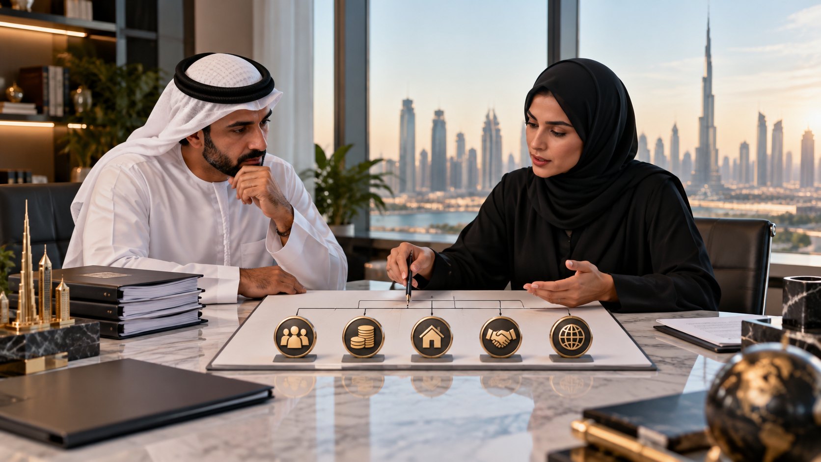 Man in a kandura and woman in an abaya discuss a row of five gold discs on a stand